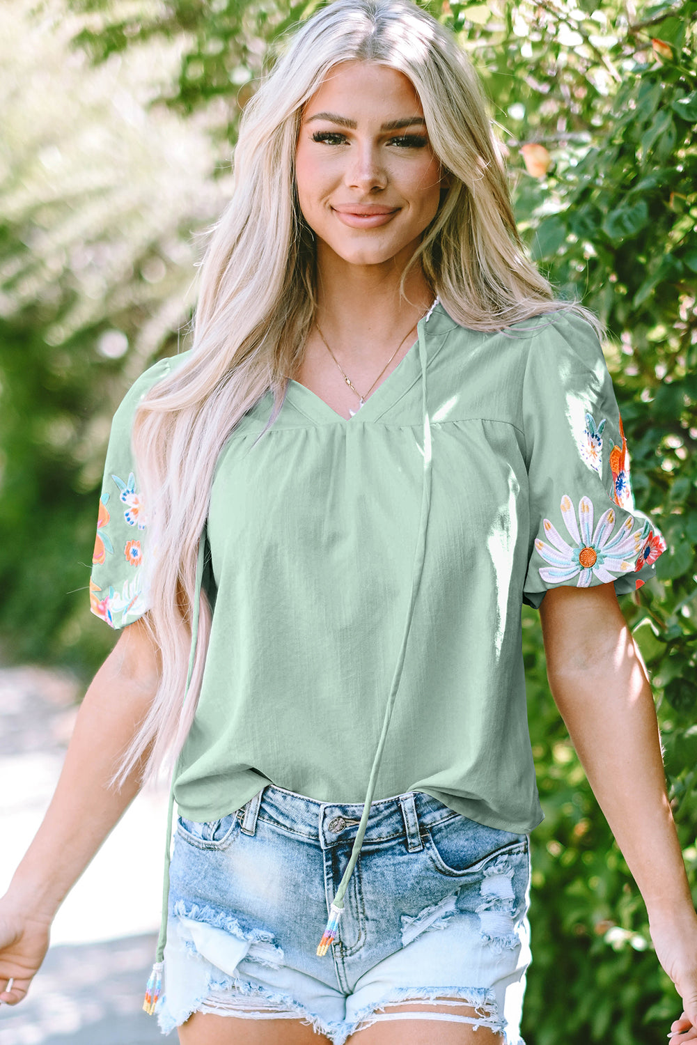 Clearly Aqua Floral Embroidered Puff Sleeve Split Neck Blouse