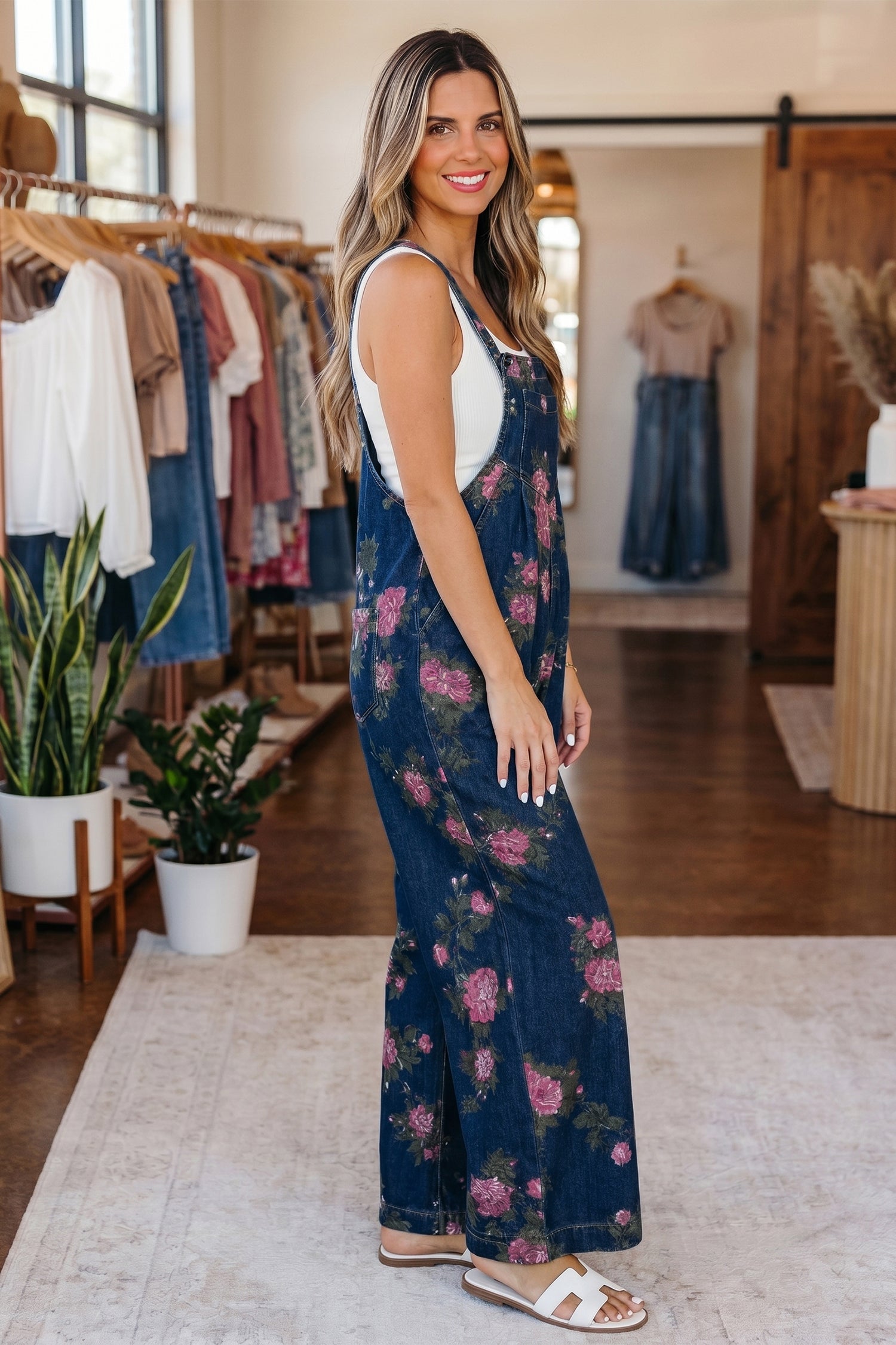 Beau Blue Floral Print Pleated High Waist Wide Leg Denim Jumpsuit