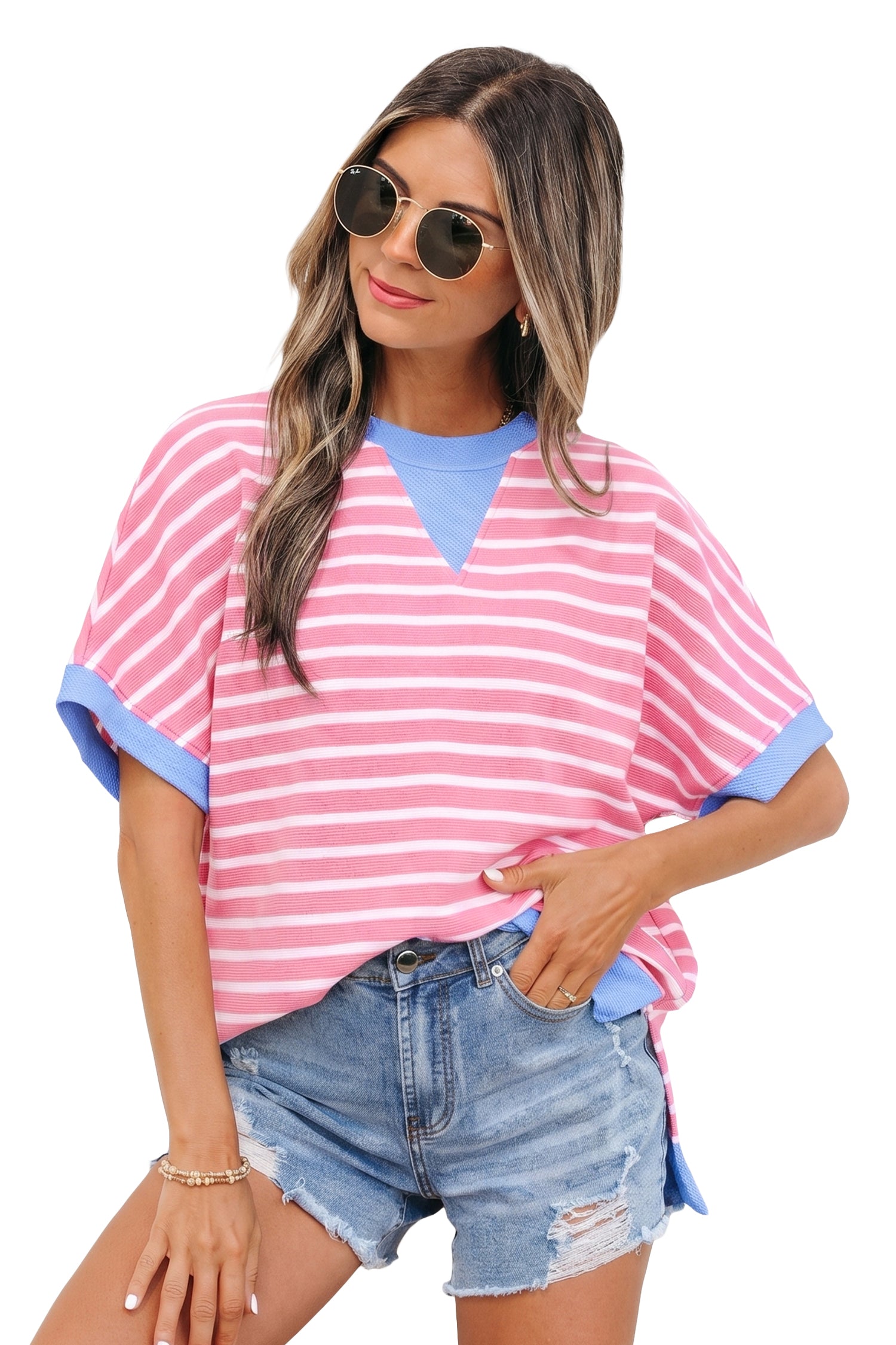 Sky Blue Stripe Contrast Trim Loose Short Sleeve Top