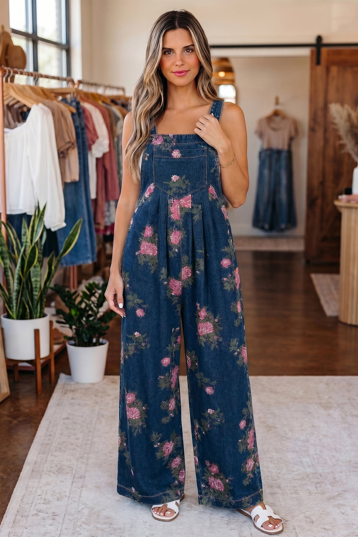Beau Blue Floral Print Pleated High Waist Wide Leg Denim Jumpsuit