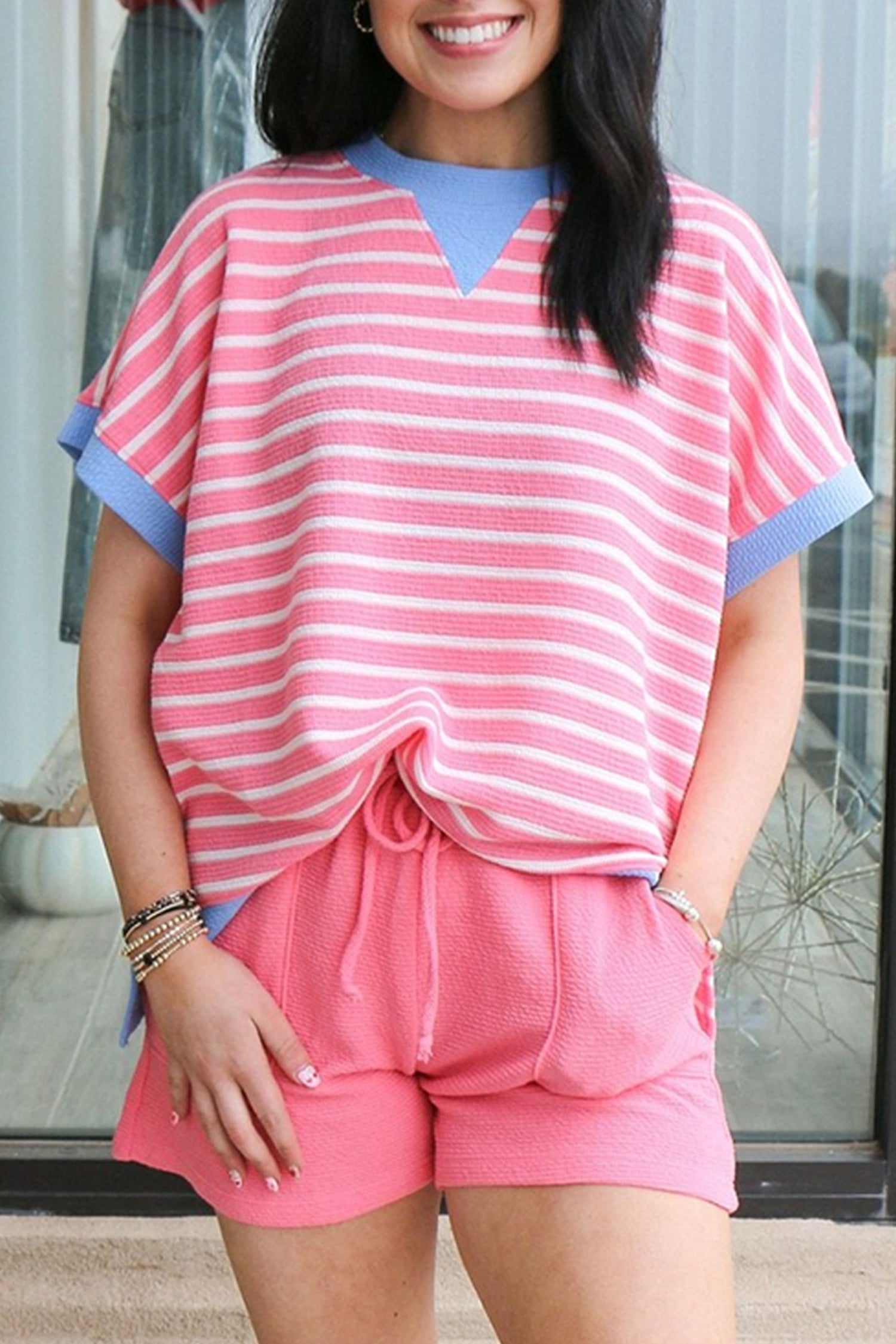 Sky Blue Stripe Contrast Trim Loose Short Sleeve Top