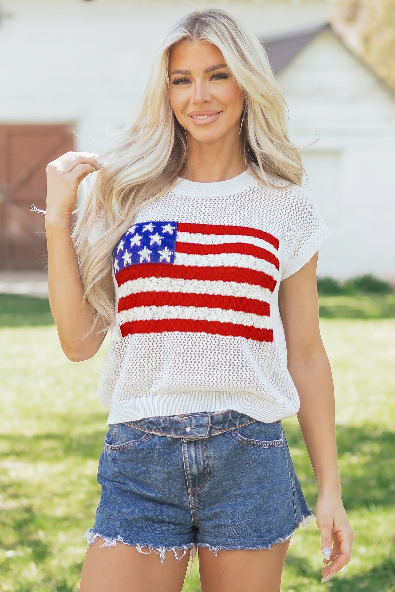 Fiery Red Flag Graphic Short Sleeve Sweater Top